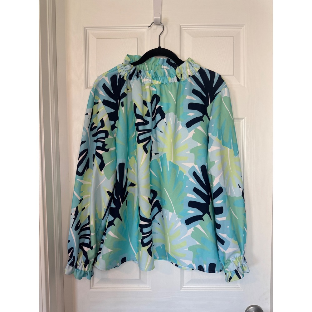 Sail to Sable Women Blue Green Tropical Palm Leaf Ruffle Neck Blouse Medium